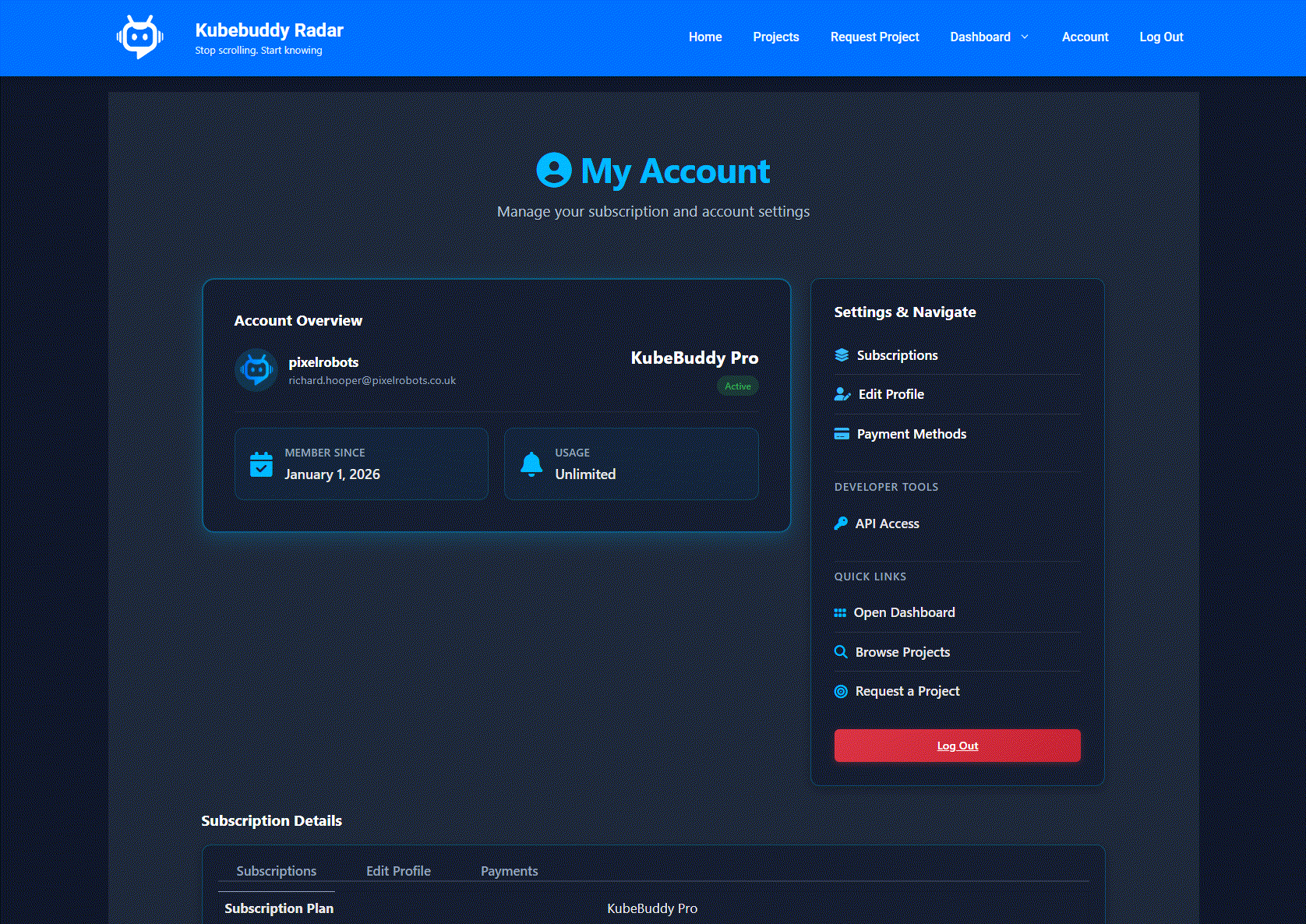 KubeBuddy Radar account overview